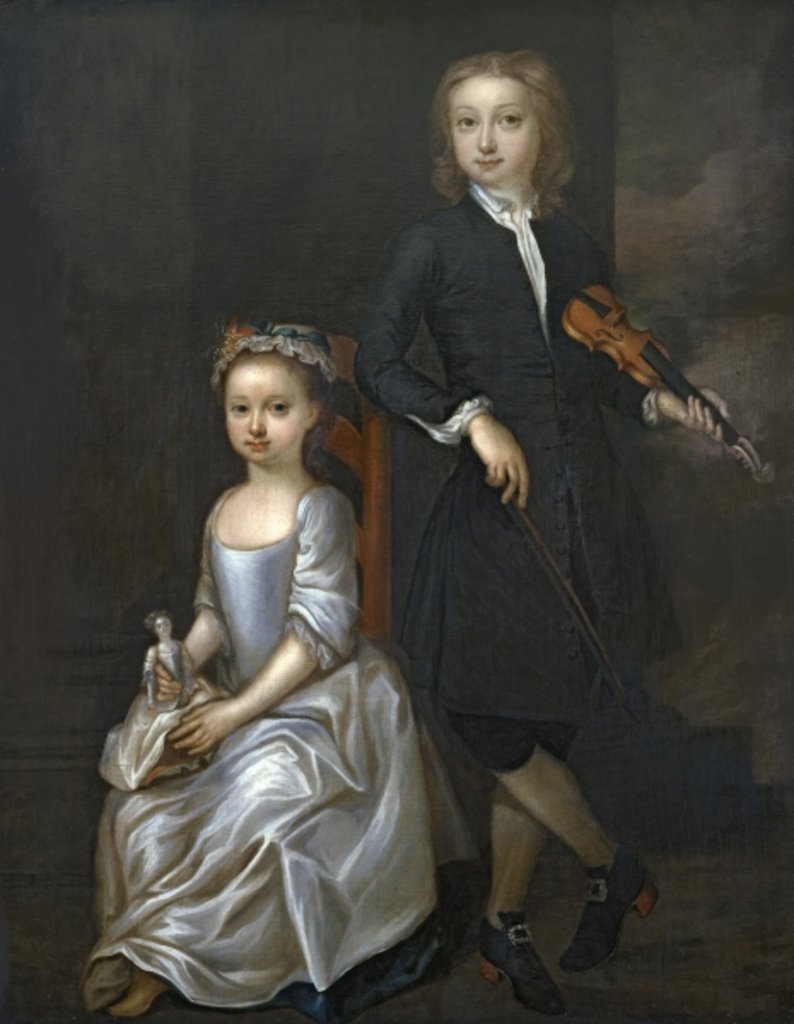 Detail of A young boy holding a violin and a young girl holding a doll by John (circle of) Vanderbank