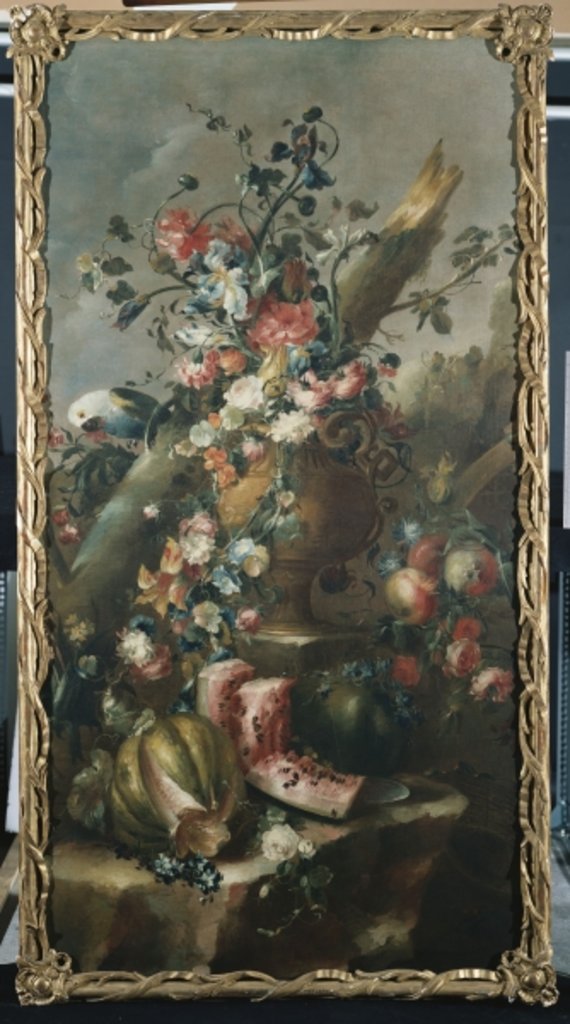 Detail of Flowers in a Sculpted Urn, with Melons and Parrot by Francesco Guardi