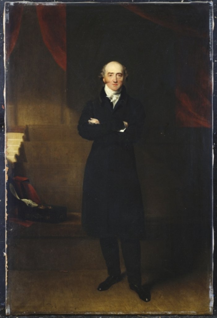 Detail of Portrait of George Canning, full length, standing wearing a black coat in an interior, with his arms folded by Thomas (circle of) Lawrence