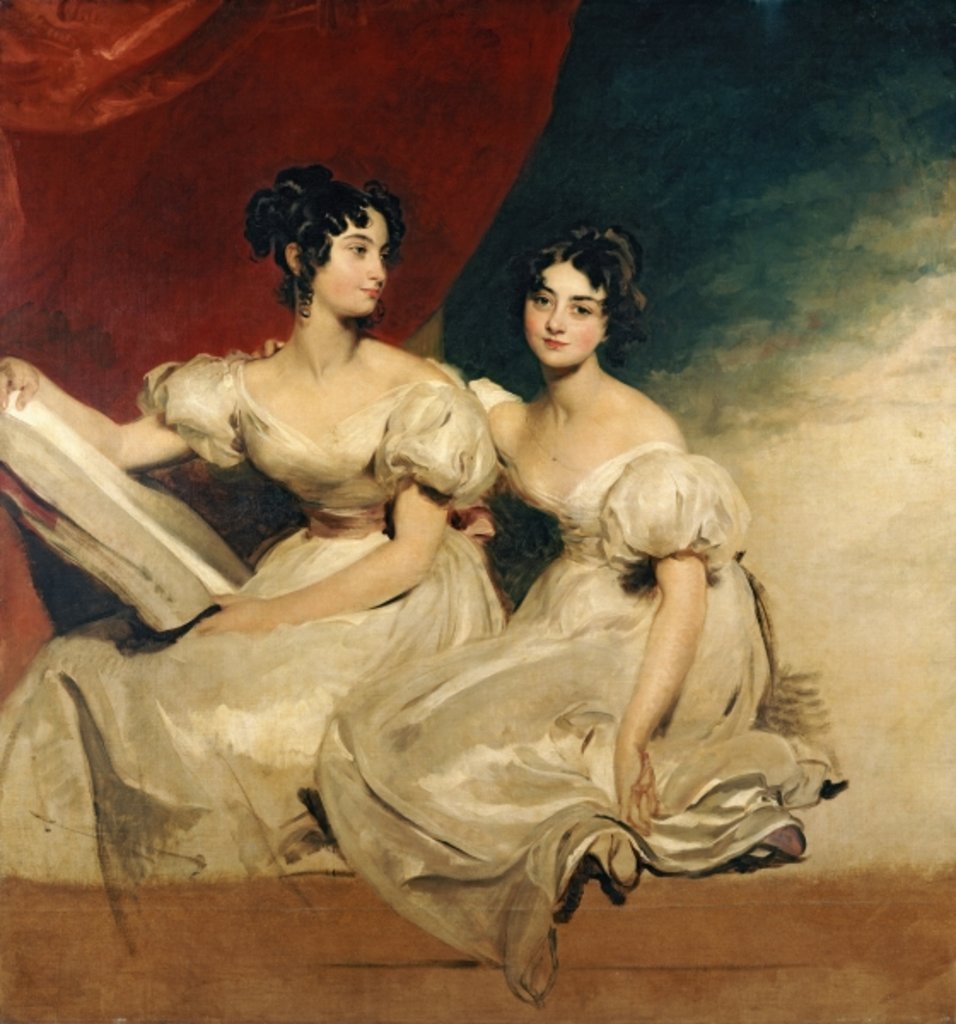 Detail of A double portrait of the Fullerton sisters, seated full length, in white dresses, c.1825 by Thomas Lawrence