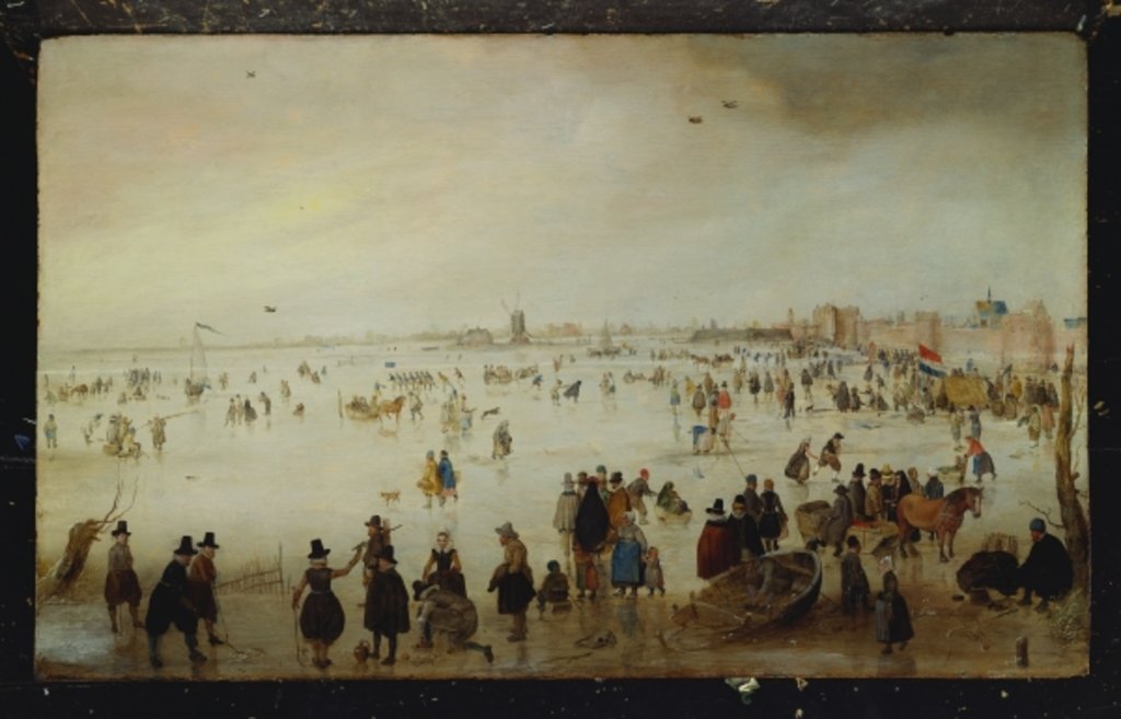 Detail of Skaters, golf players, elegant ladies and gentleman on frozen floodwaters by the Broederpoort at Kampen by Hendrik Avercamp