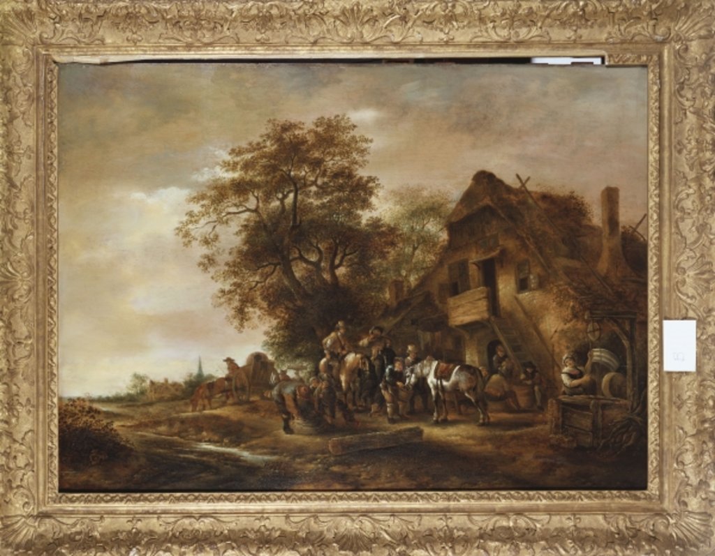 Detail of Riders refreshing themselves outside an inn, with other figures and a horse and cart by Isack van Ostade
