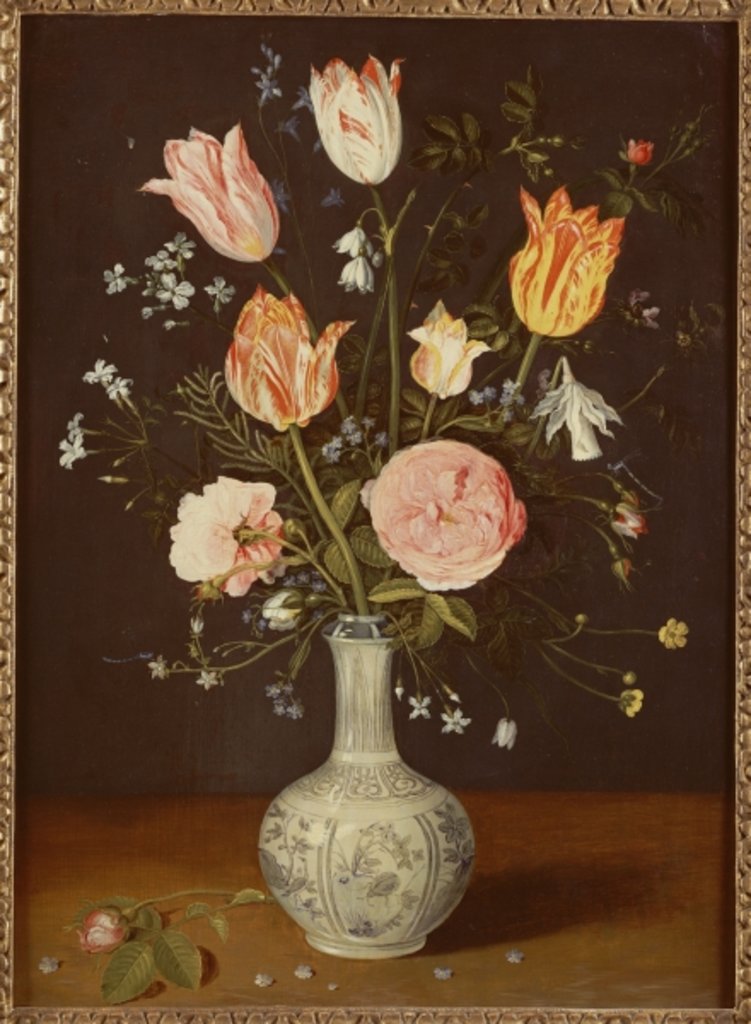 Detail of Tulips, roses, forget-me-nots and other flowers in a late Ming blue and white vase by Jan Brueghel