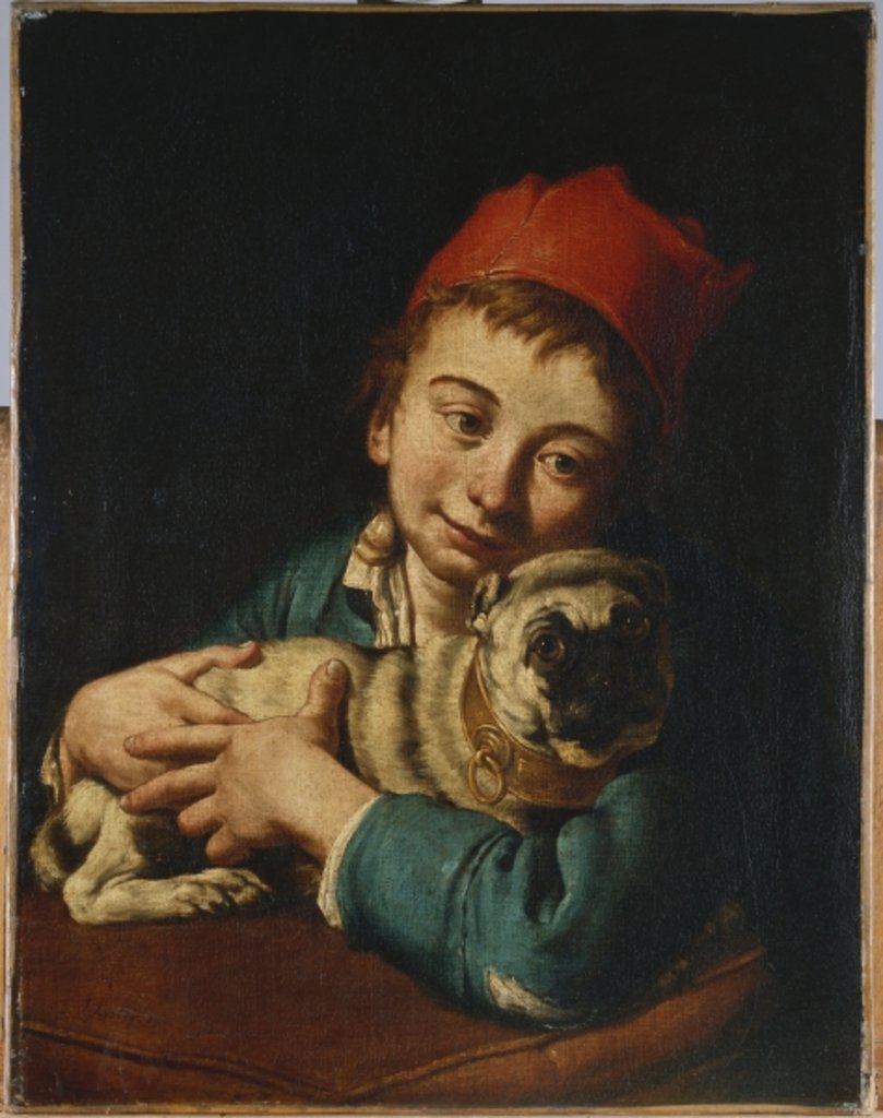Detail of A boy, half length, in a blue jacket and a red hat, holding a pug on a cushion by Giacomo Ceruti