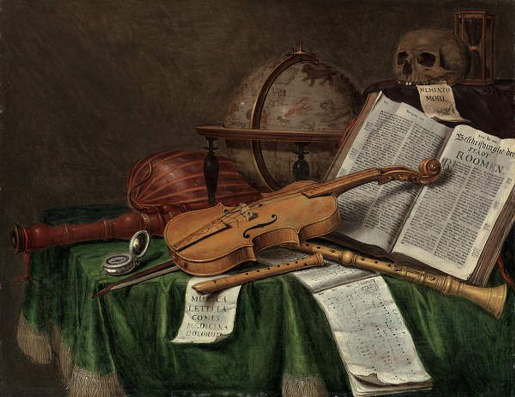 Detail of Vanitas still life with an astrological globe, a violin, a skull, an hourglass, an open book, a score, a watch, a lute and other musical instruments on a draped table, 1680s by Edwaert Colyer or Collier