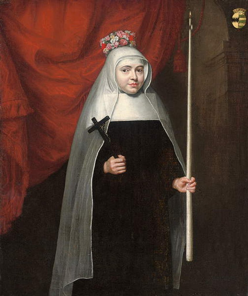 Detail of Portrait of a nun holding a crucifix and candle, 1678 by Pieter Leermans