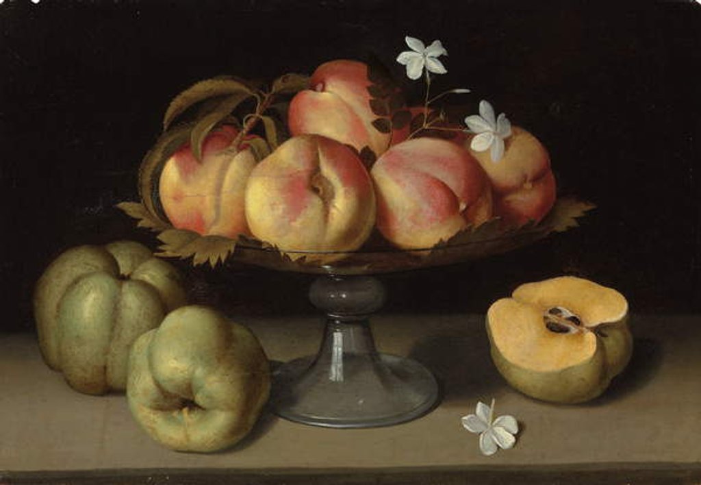 Detail of Peaches in a glass bowl, apples and jasmine flowers by Fede Galizia