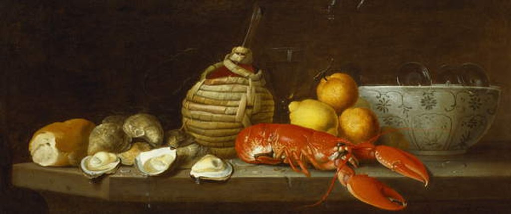 Detail of Bread, oysters, a Chianti flask, a lobster, lemons, oranges and glasses in a porcelain bowl on a ledge by Jakob Bogdani or Bogdany