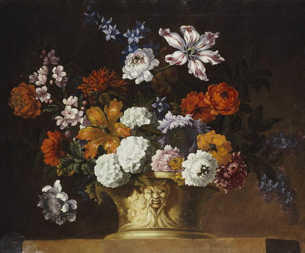 Detail of Tulips, snowballs and other flowers in a sculpted urn on a ledge by Pieter Casteels