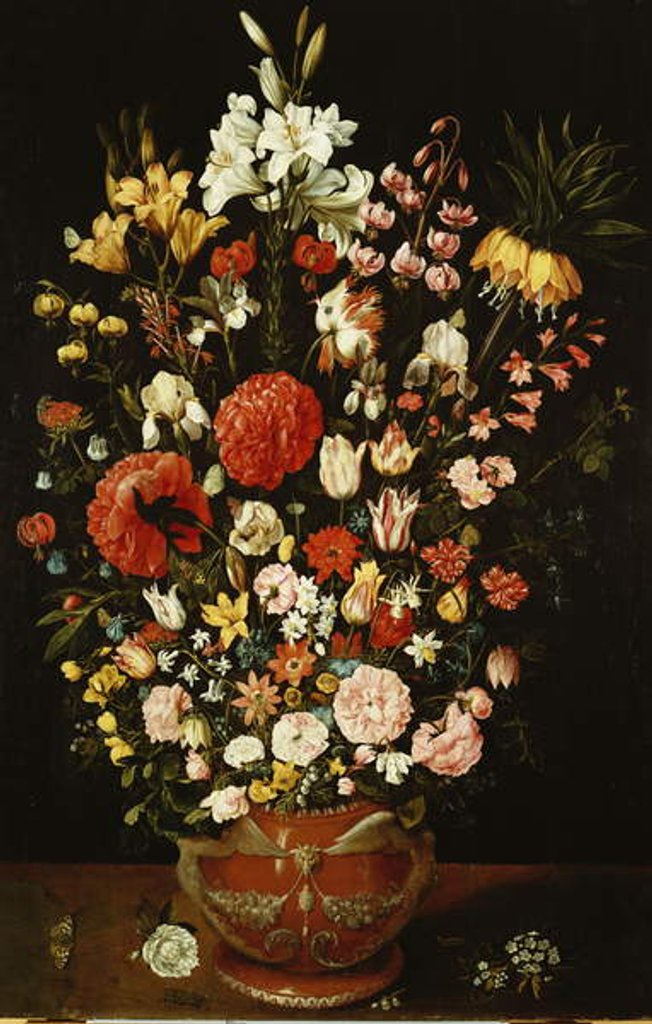 Detail of Tulips, lilies, irises, roses, carnations, peonies and other flowers in a sculpted terracotta urn by Osias the Elder Beert