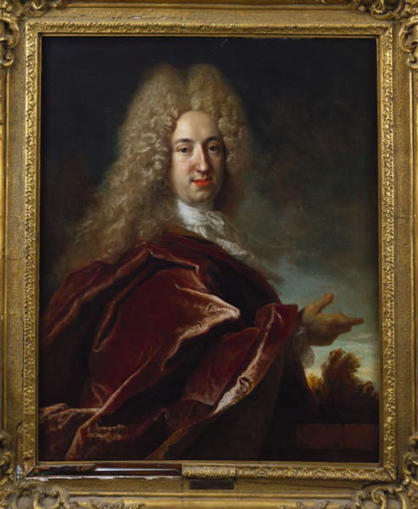 Detail of Portrait of a gentleman, wearing a long wig, lace jabot and burgundy cloak by Nicolas de Largilliere