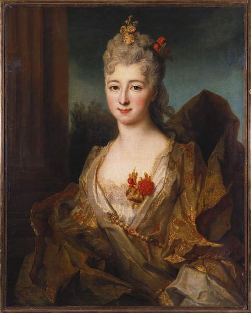 Detail of Portrait of a lady, half length, in a white and gold embroidered dress, with flowers in her hair by Nicolas de Largilliere