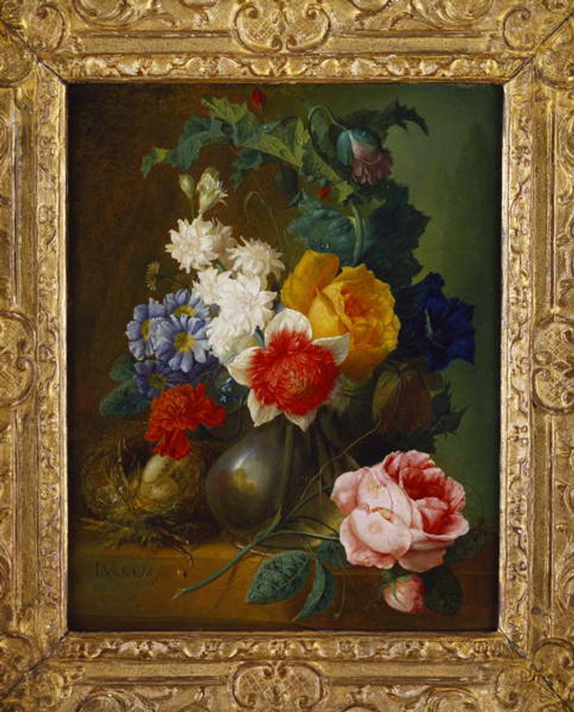 Detail of Roses, poppies, morning glory and other flowers in a vase with a bird's nest on a ledge by Jan van Os