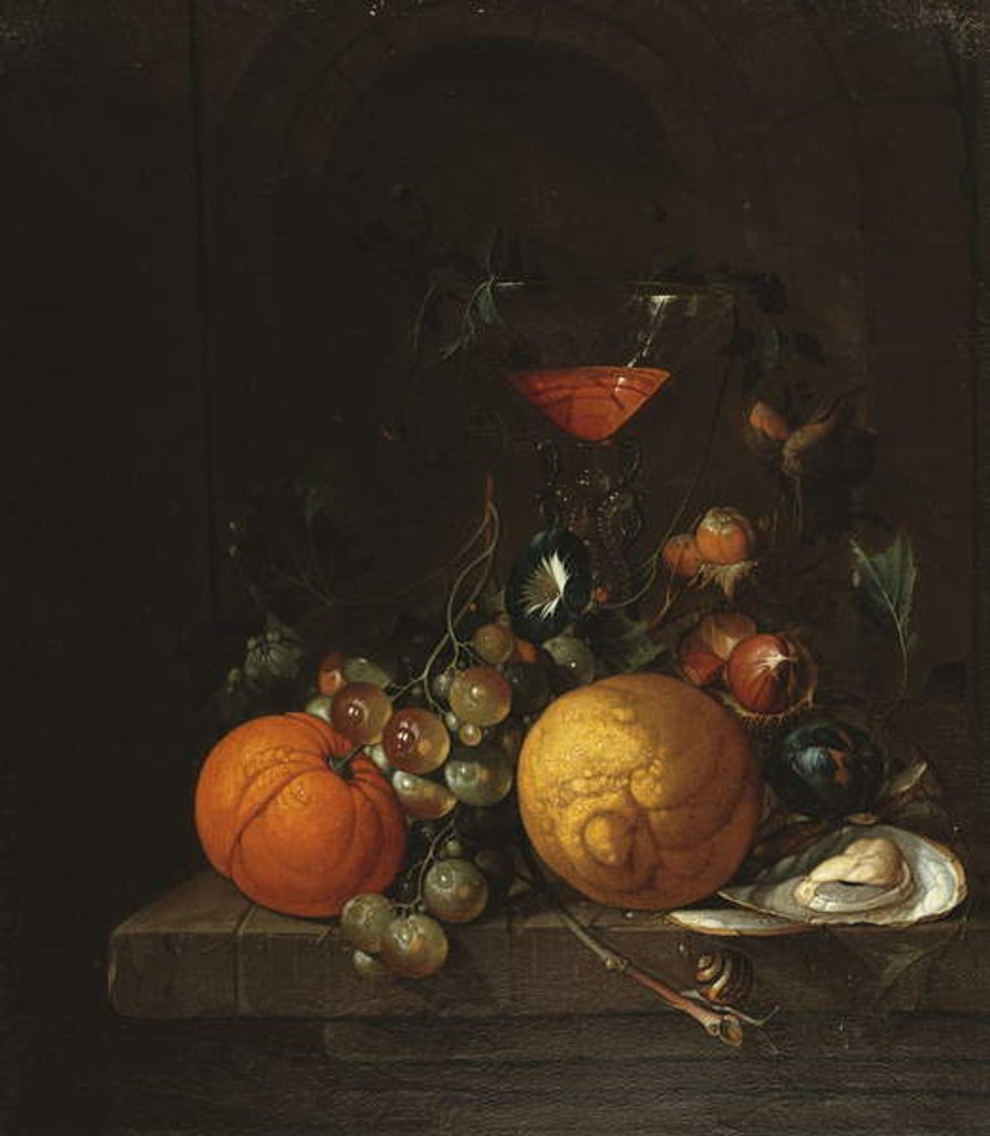 Detail of A Lemon, an Orange, Grapes, an Oyster, and a Glass of Wine on a Ledge by Cornelis de Heem