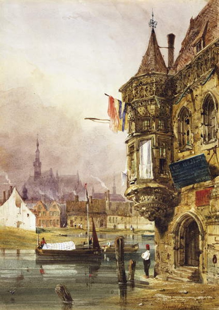 Detail of A figure beside a building, Ghent, with barges on the River Leye beyond, 1833 by Thomas Shotter Boys