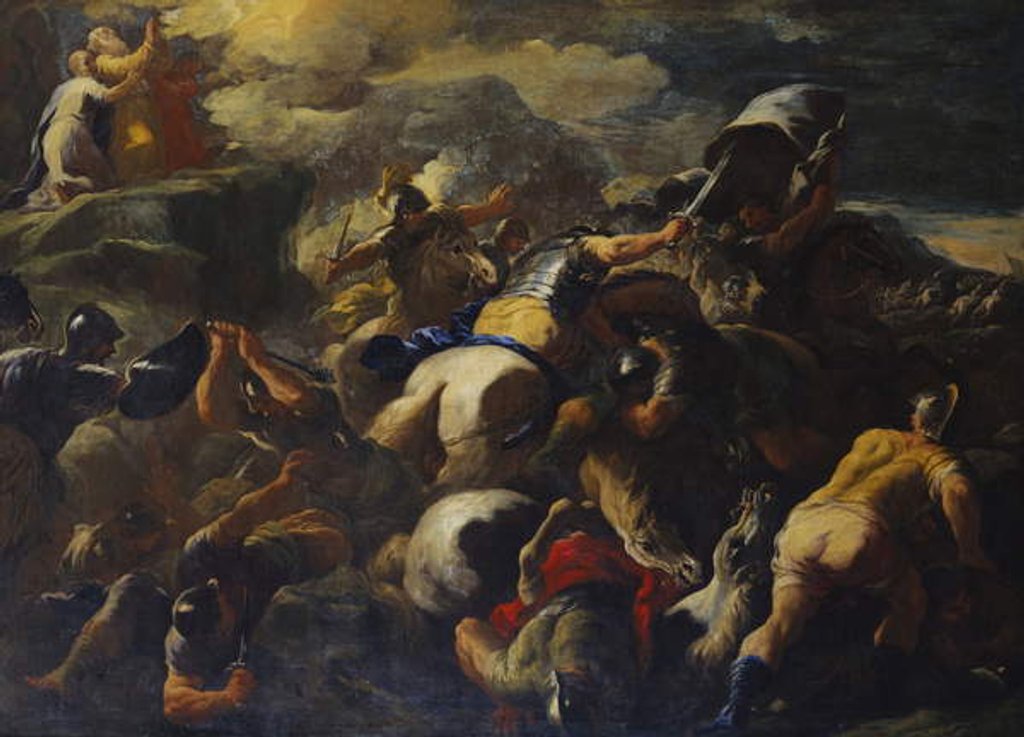 Detail of The Battle between the Israelites and the Amalekites, Aaron and Hur supporting Moses' arms on a hilltop beyond by Luca Giordano