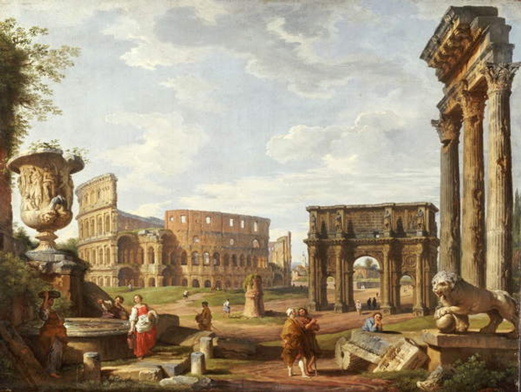 Detail of A Capriccio view of Rome, 1743 by Giovanni Paolo Pannini or Panini