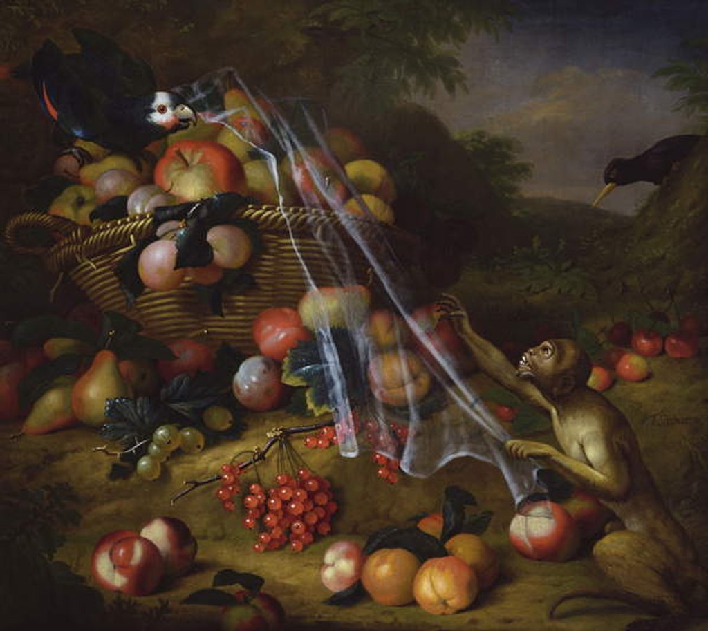 Detail of Mixed Fruit with a Monkey, a Parrot, a Jay and two Finches in a Landscape by Tobias Stranover