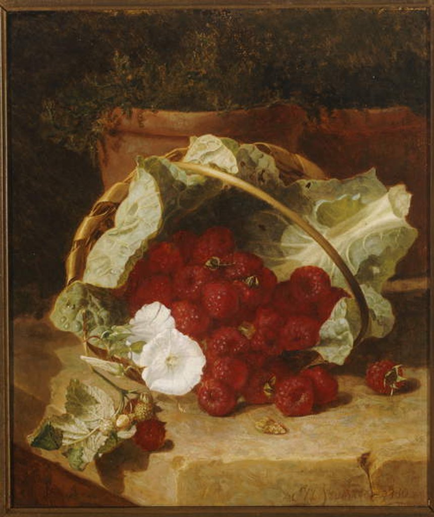 Detail of Raspberries in a Cabbage Leaf Lined Basket with White Convulvulus on a Stone Ledge, 1880 by Eloise Harriet Stannard