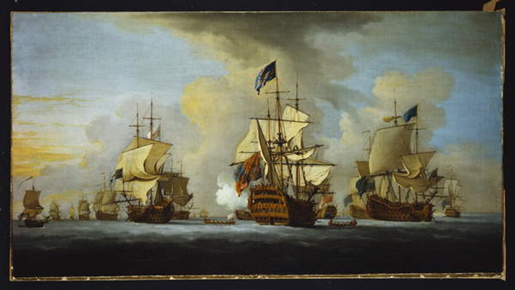 Detail of The English Fleet at Anchor with the Admiral's Ship signalling to the Vice and Rear Admirals of the White and Blue Squadrons by Peter Monamy