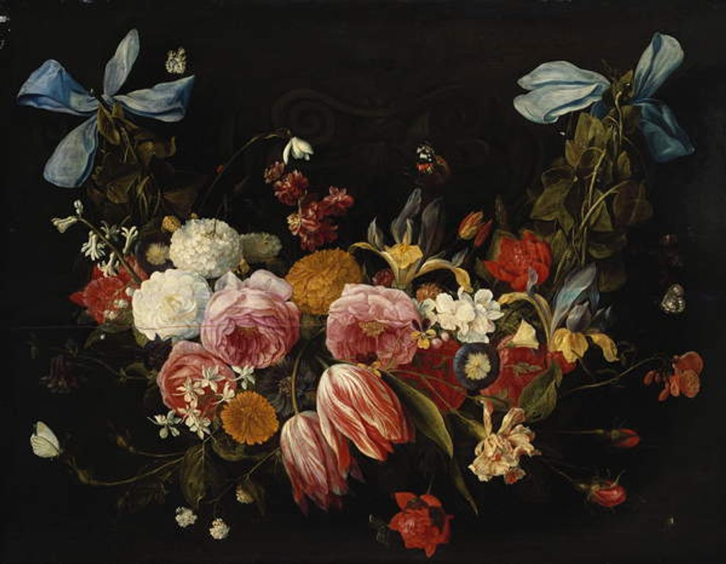 Detail of A Swag of Roses, Tulips, Dahlias and other Flowers by Jan van the Elder Kessel