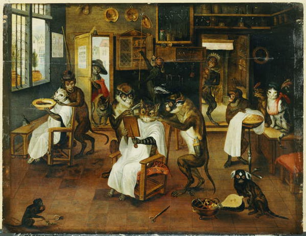 Detail of A Singerie: Monkey Barbers serving Cats by Jan van the Elder Kessel