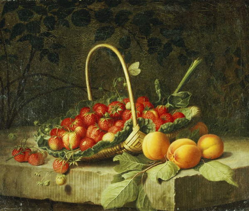 Detail of A Basket of Strawberries with Peaches on a Stone Ledge, 1856 by William Hammer