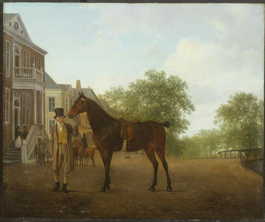 Detail of A Gentleman holding a Saddled Horse in a Street by a Canal by Jacques-Laurent Agasse