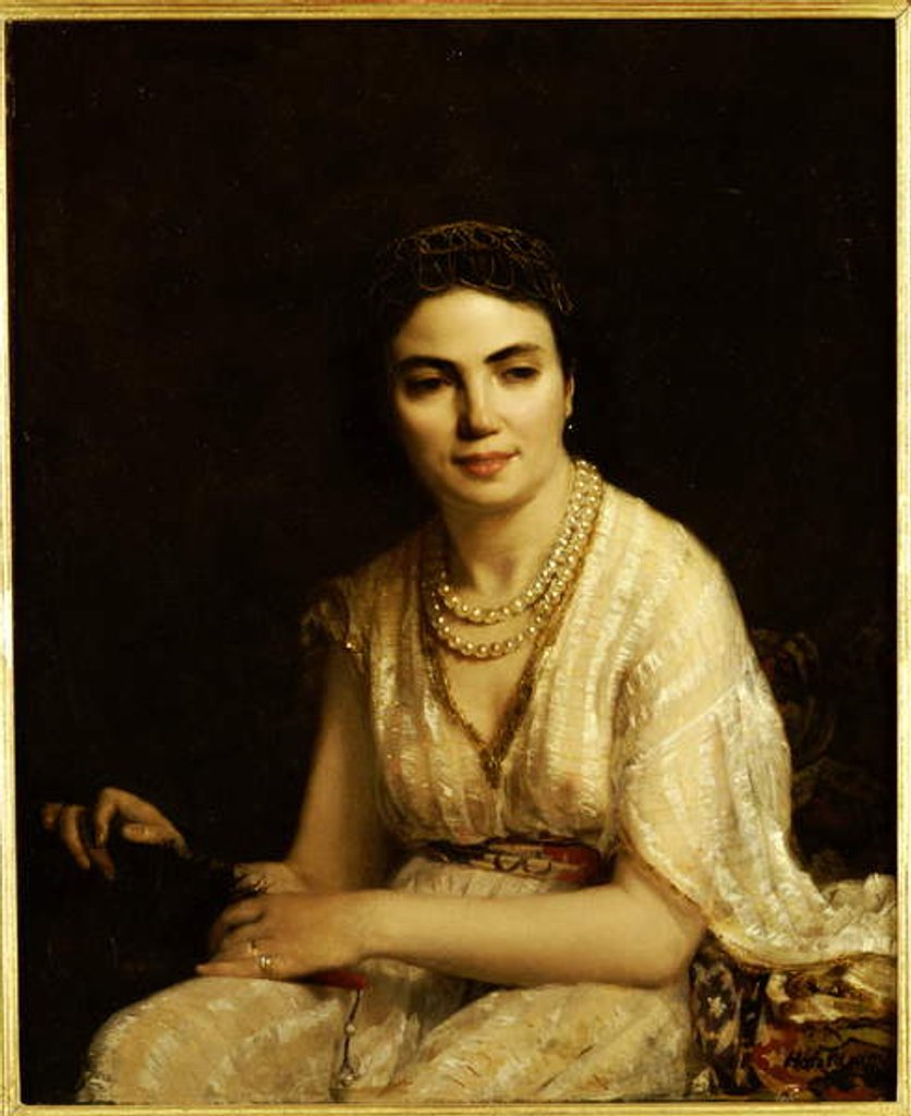 Detail of Portrait of a Woman wearing a Pearl Necklace and holding a Fan by Alexei Alexevich Harlamoff