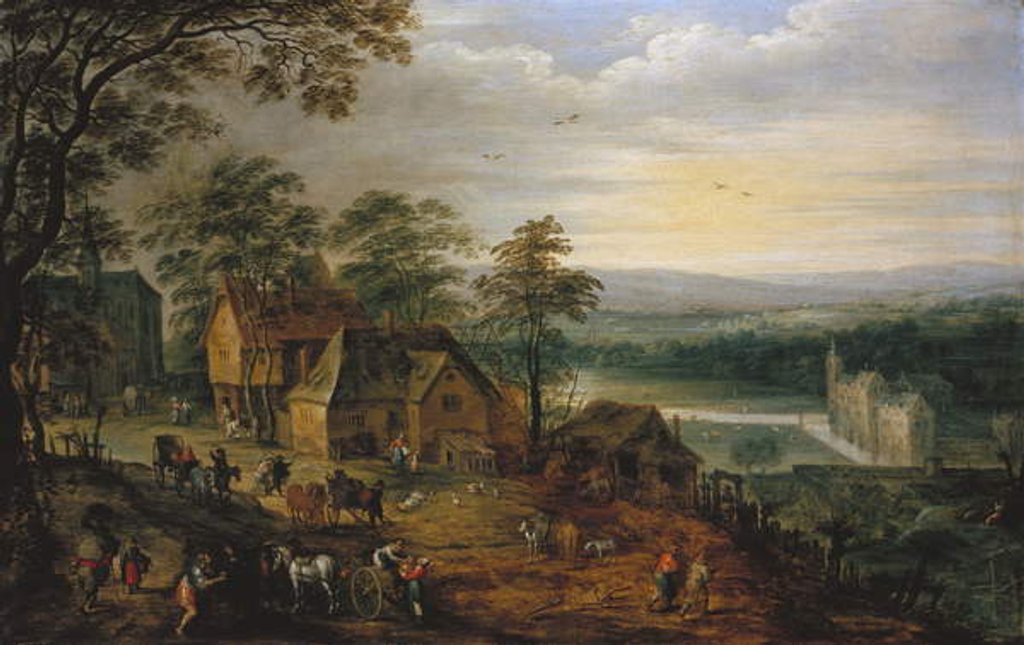 Detail of Village Street with Figures and Carts, a Moated Castle in the Background by Jan the Younger Brueghel