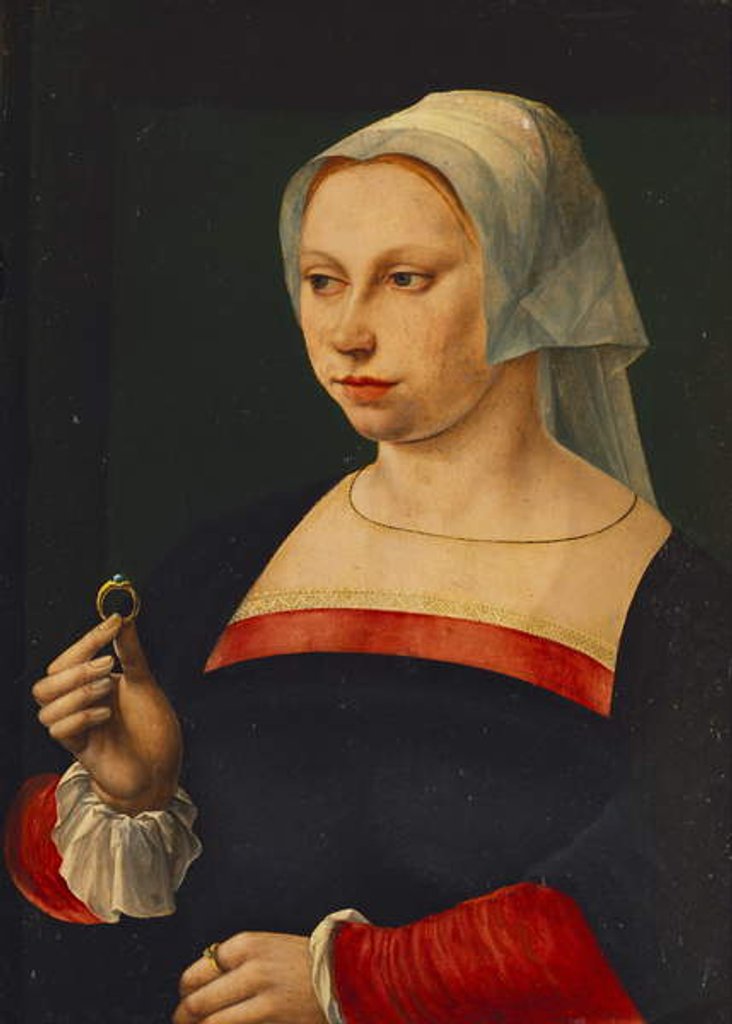 Detail of Portrait of a Lady holding a Ring by Jan van Scorel