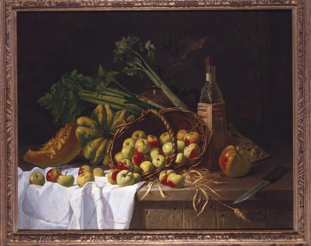 Detail of Still Life with a Bottle of Wine, Rhubarb and an upturned Basket of Apples on a Table by Antoine Vollon