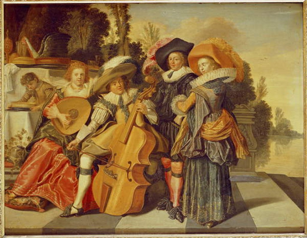 Detail of Elegant Figures making Music on a Terrace by a Lake by Dirck Hals