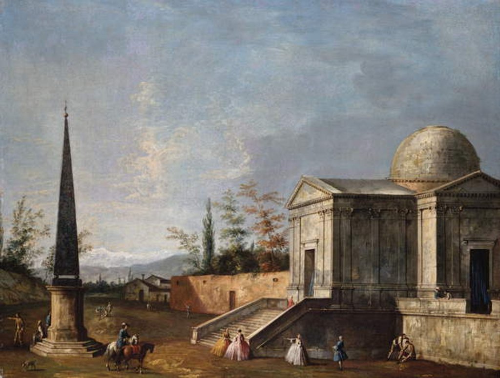Detail of Elegant Figures in front of a Domed Classical Church, an Obelisk to the Left by Michele Marieschi