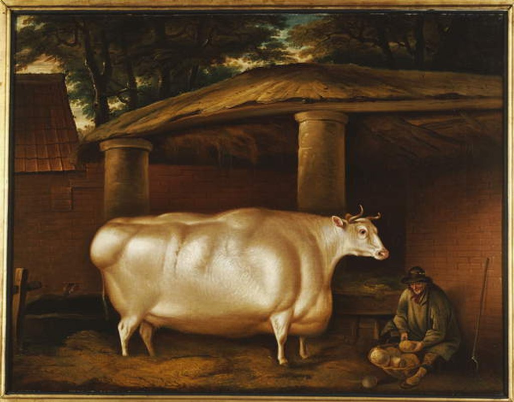 Detail of The White Heifer that Travelled, with a man slicing turnips in a stable yard, 1811 by Thomas Weaver