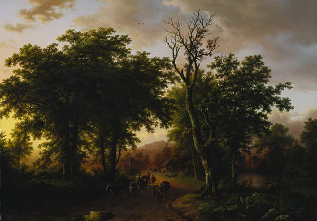 Detail of Travellers on a Path at Sunset by Barend Cornelis Koekkoek