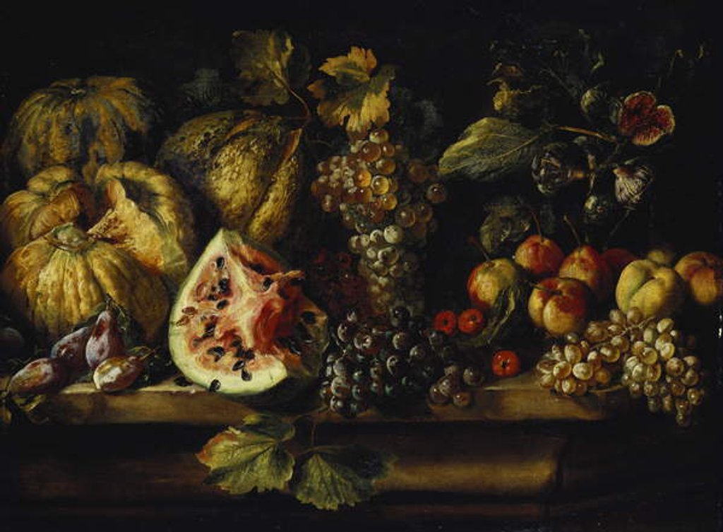 Detail of Still Life of Water Melon, Grapes, Plums, Peaches, Cherries and other Fruit on a Ledge by Abraham (follower of) Brueghel