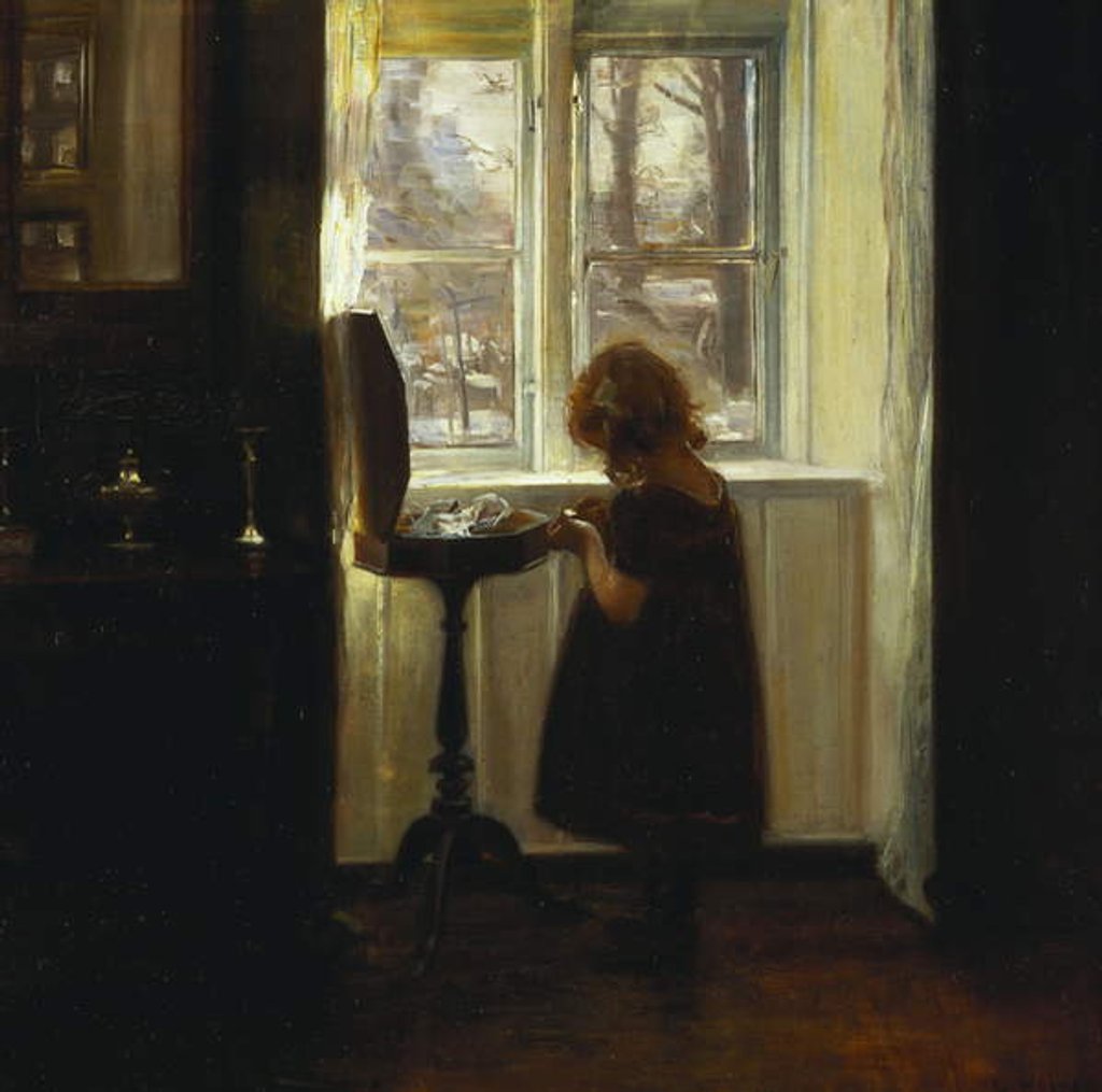 Detail of A Girl Standing by a Sewing Table by Carl Holsoe