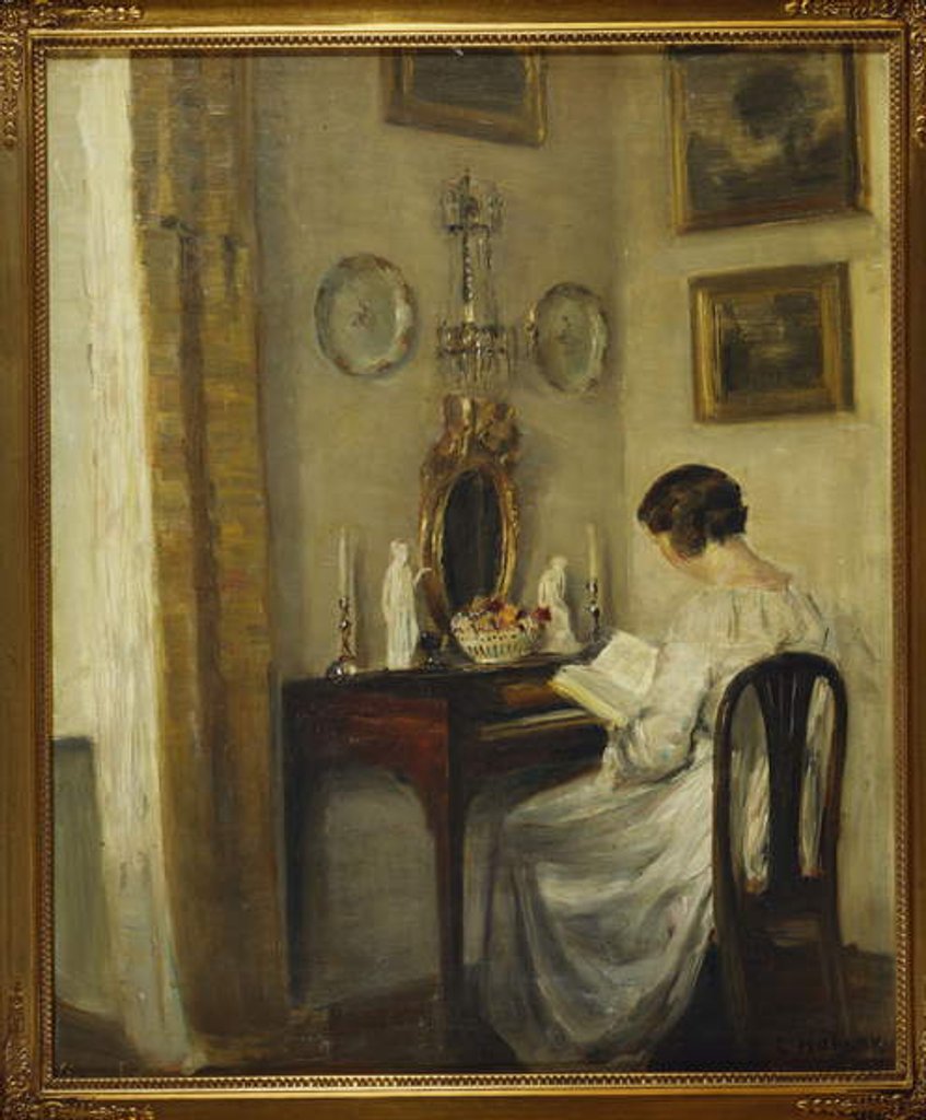 Detail of An Interior with a Girl Reading at a Desk by Carl Holsoe