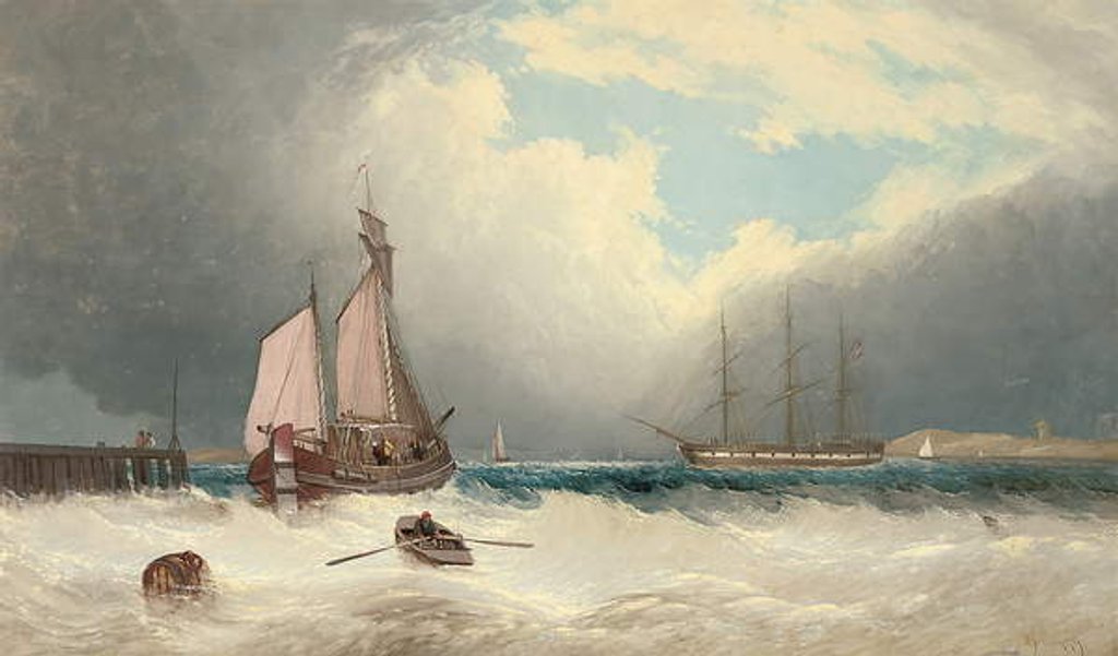 Detail of A barge running out of harbour, a frigate riding on her anchor beyond by David James