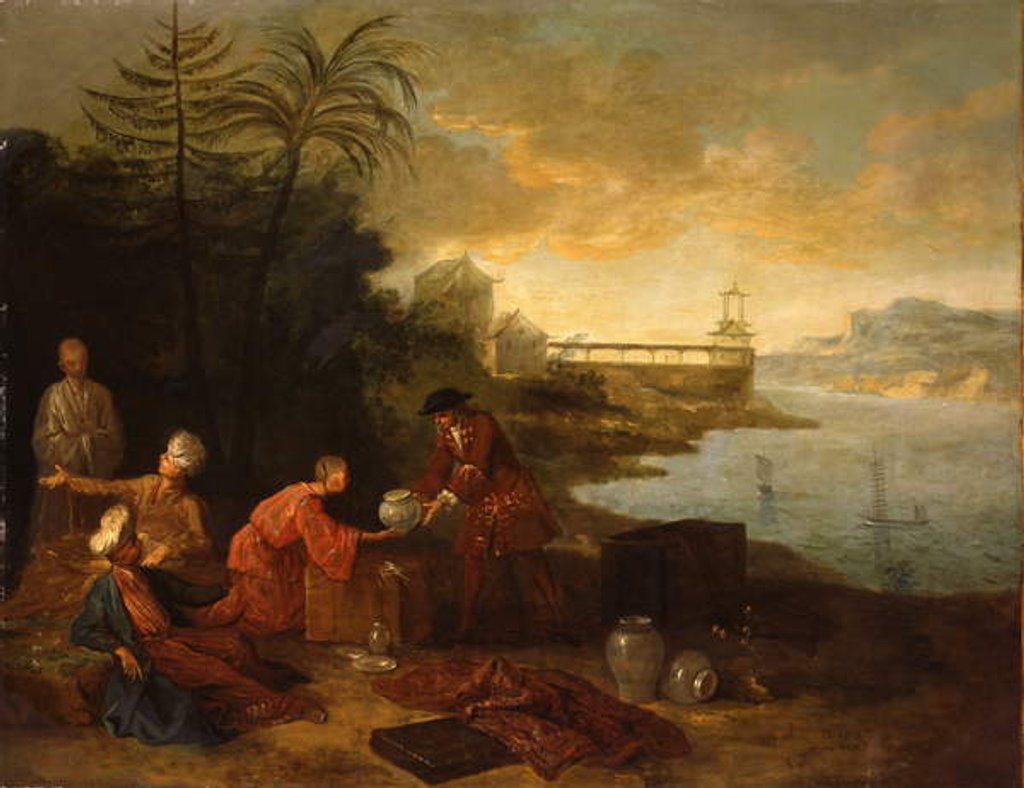 Detail of Asia - A European merchant buying porcelain from a Chinese trader, 1724 by Jean-Baptiste Oudry