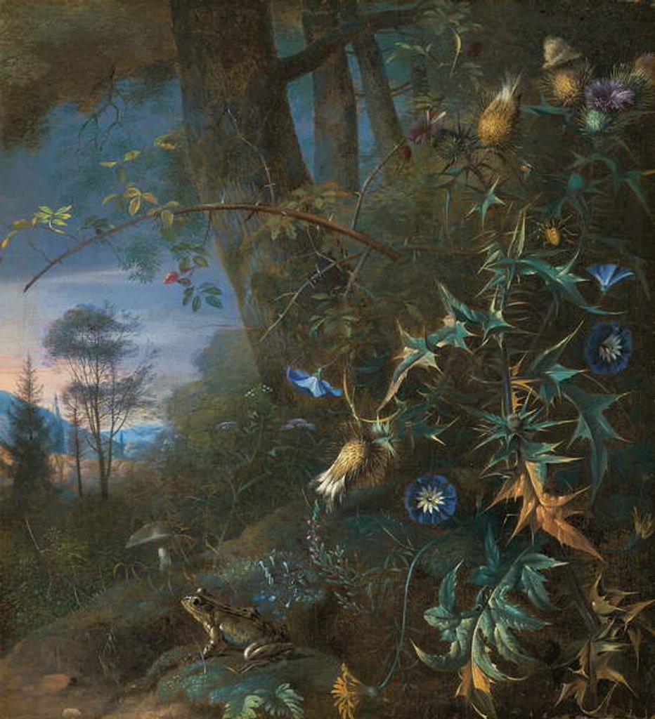Detail of forest floor still life with a frog and a mushroom, mountains beyond by Matthias Withoos