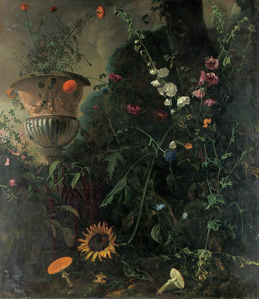 Detail of Hollyhocks, roses, a blue-lace flower, sunflower and toadstools, with marigolds in an urn by a tree by Matthias Withoos