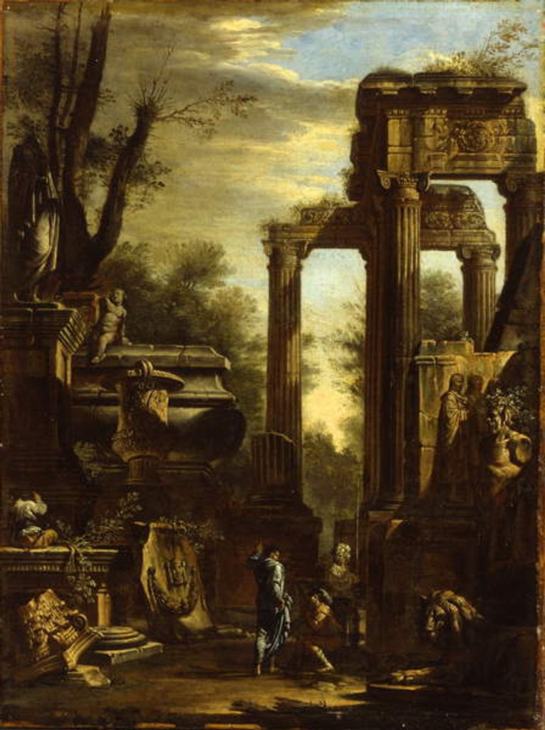 Detail of Capriccio of classical ruins and statuary with figures conversing by Giovanni Ghisolfi