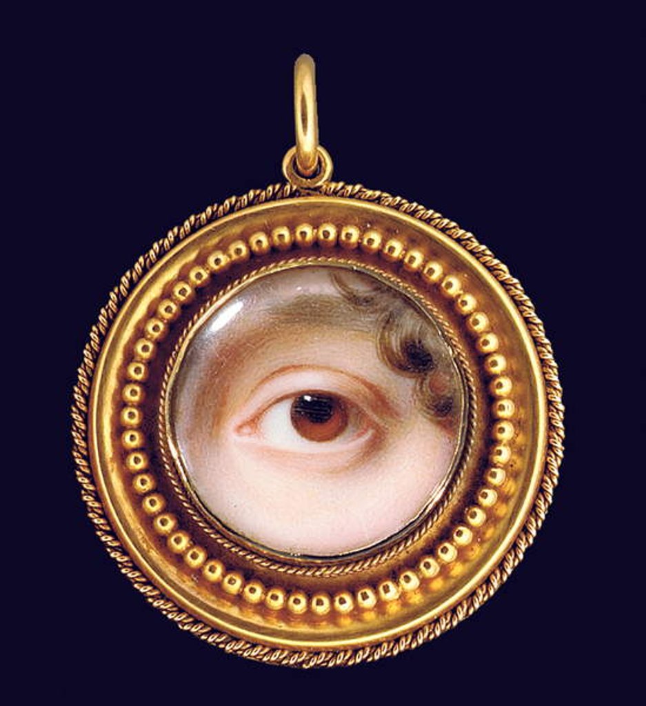 Detail of The left eye of the artist's sister, Mary Cox Dillman Engleheart, later Mrs. John Pyne, brown iris with curling lock of brown hair by John Cox Dillman Engleheart