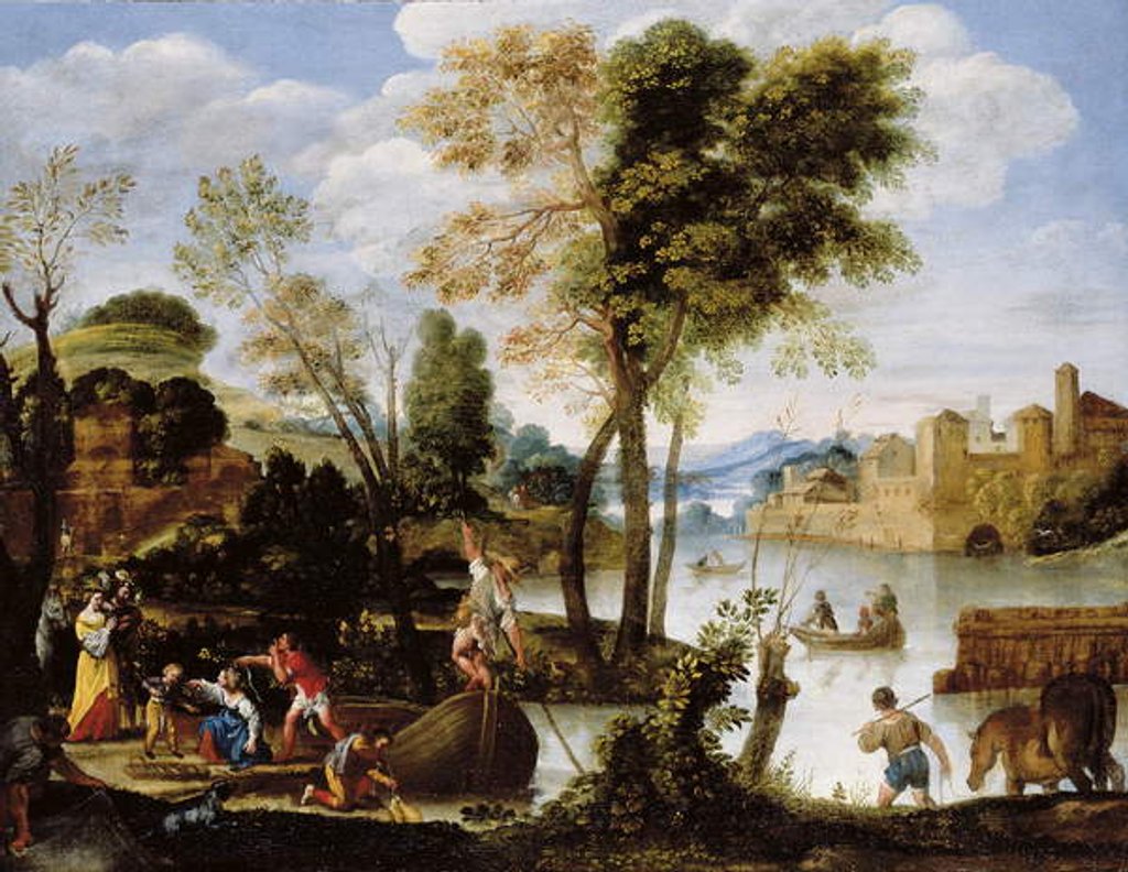 Detail of Italianate river landscape with poling boatman and woman with a basket of crabs, c.1604-05 by Domenichino