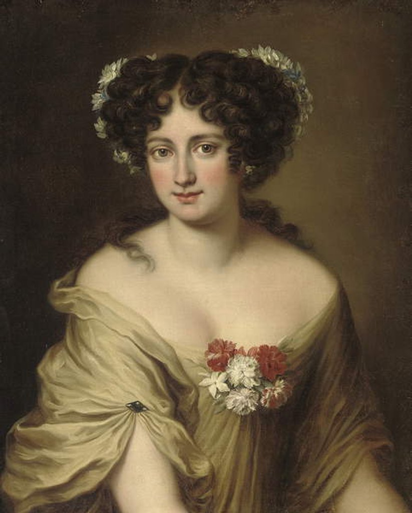 Detail of Portrait of Contessa Ortensia Ianni Stella, bust length, in an ivory chemise, with flowers in her hair by Jacob Ferdinand Voet