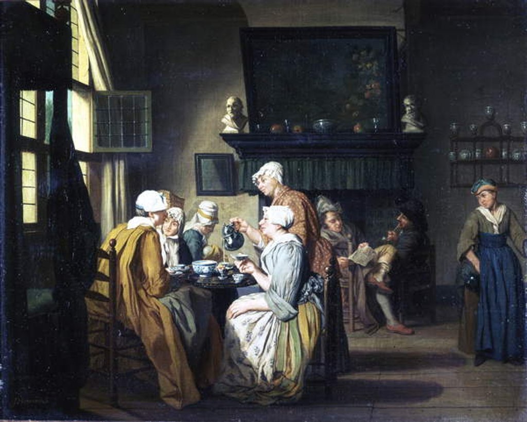 Detail of Bourgeois interior with ladies drinking tea, a man reading by the fireplace by Jan Josef the Elder Horemans