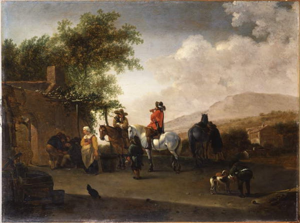Detail of Travellers on horseback taking refreshment on a mountain pass, in an Italianate landscape by Gerrit Adriaensz Berckheyde
