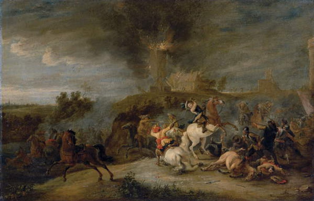 Detail of A cavalry skirmish with soldiers pillaging a village by Peeter Snayers